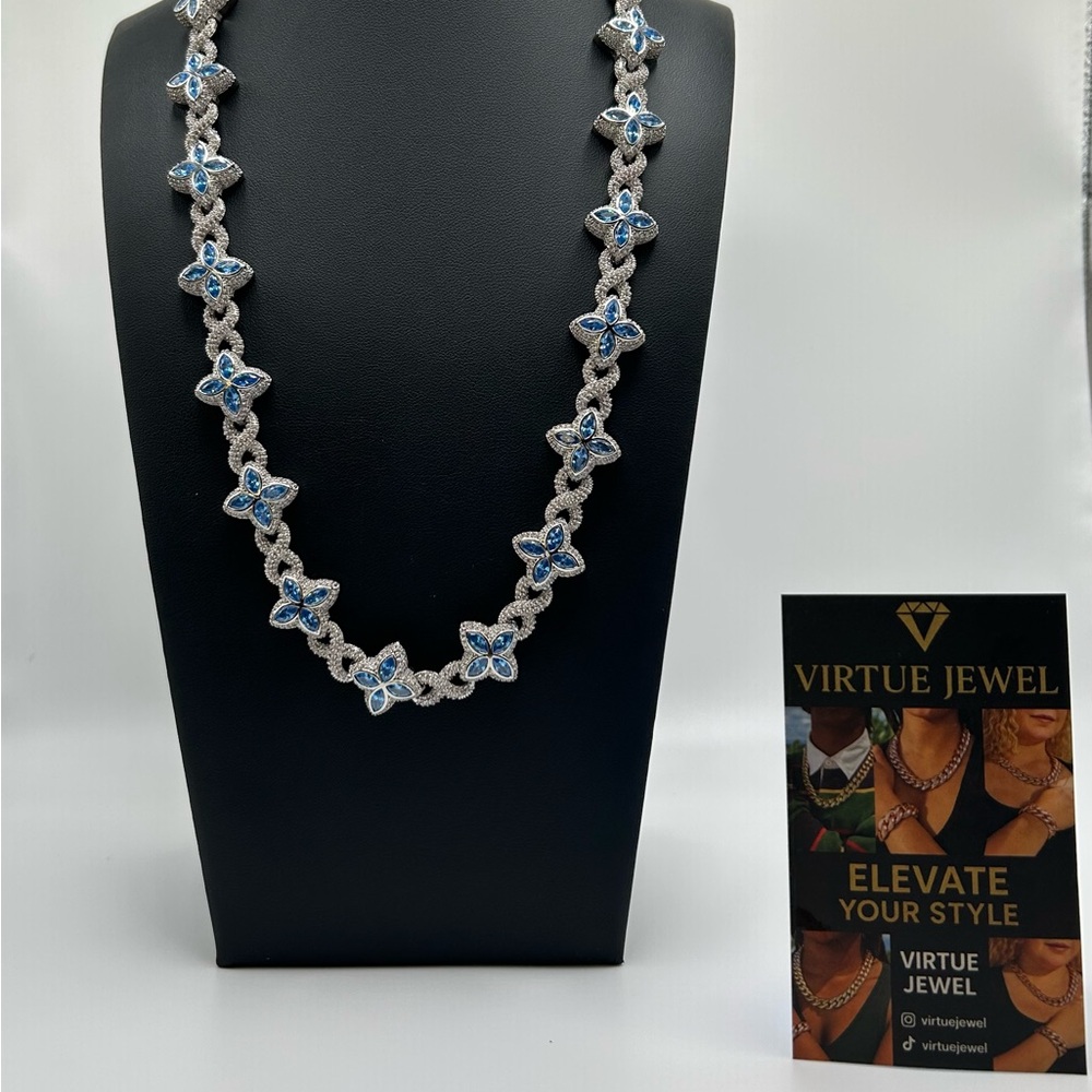 Flower 4 Leaf Clover Iced Out Premium Quality Chains & Bracelet Silver Blue